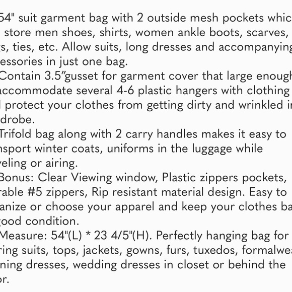 54" Trifold Dress Garment Bags for Travel Gusseted Suit Cover with 2 Large Mesh - Picture 9 of 9
